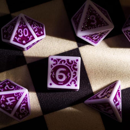7-Die DND Dice Set New Pattern Polyhedral Dice Set with Leather Bag D&D Die for RPG Table Games(White Purple)