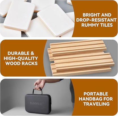 Rummy Cube Game Set with 4 Wooden Racks,106 Rummy Tiles and Portable Case,Classic Travel Board Games for Family Adults and Kids