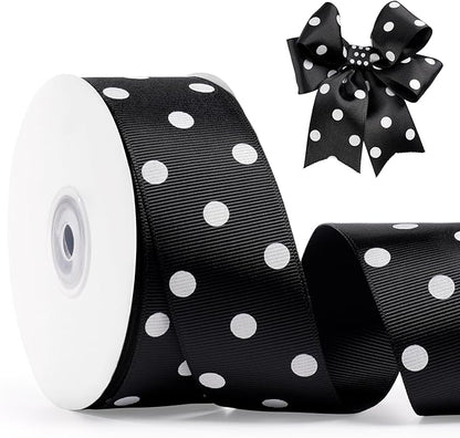 Polka Dot Grosgrain Ribbon 1.5 Inch, 25 Yards Spool Black and White Dot Craft Ribbon for Christmas Gift Wrapping DIY Crafts Hair Bows Wedding Party Decor Sewing and Home Decoration