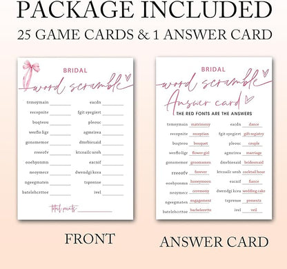 Bridal Shower Games Cards, Bridal Word Scramble, 25 Cards with 1 Answer Card, Engagement Party Games for Guests, Pink Ribbon Bow Wedding Party Supplies - E14
