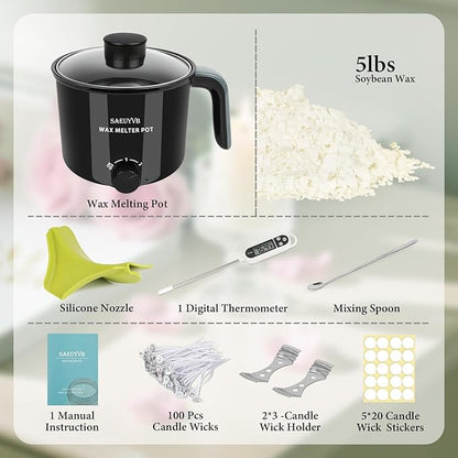 SAEUYVB Candle Making Kit,Soy Wax for Candle Making,DIYCandle Making Supplies,Including 5lbs Natural Soy Wax Flakes,Wax Melter,Thermometer,Wicks,Candle Kit for Adults,Beginnner