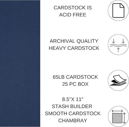 PA Paper Accents Stash Builder Cardstock 8.5" x 11" Chambray, 65lb Colored cardstock Paper for Card Making, Scrapbooking, Printing, Quilling and Crafts, 25 Piece Pack