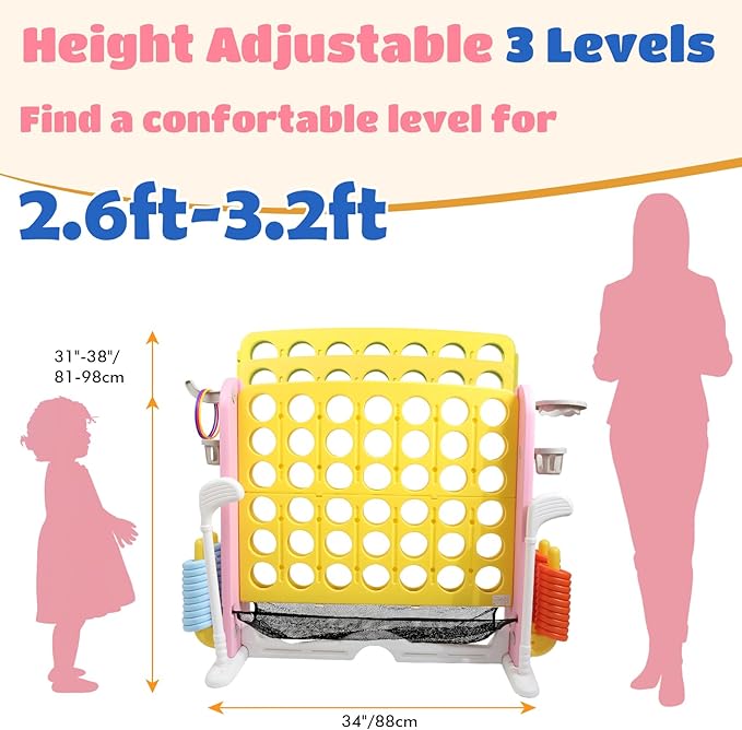 Ancaixin Giant 4 in-A-Row Connect Game Set, Adjustable Height Jumbo Yard Game with Basketball Hoop, Golf, Mesh Pocket & Ring Toss, Indoor Outdoor Family Backyard Party Game for Kids and Adults, Yellow