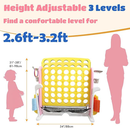 Ancaixin Giant 4 in-A-Row Connect Game Set, Adjustable Height Jumbo Yard Game with Basketball Hoop, Golf, Mesh Pocket & Ring Toss, Indoor Outdoor Family Backyard Party Game for Kids and Adults, Yellow