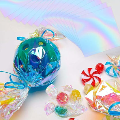 PEASUG 120 PCS Iridescent Cellophane Sheets, 7.5x7.5 Inches Holographic Candy Cellophane Wrap, Iridescent Paper for DIY Crafts Project, Art, Lights, Window Decoration