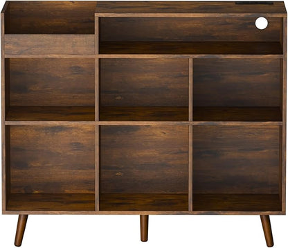 Cozy Castle Large Record Player Stand, Vinyl Storage Cabinet Mid Century Modern Turntable Stand Media Console Table Open Shelf Cube CD Album Holder Organizer for Living Room, Office, Rustic Brown