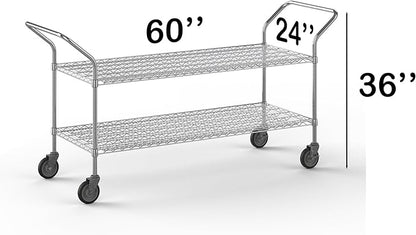 24" W x 60" L x 36" H Chrome Heavy Duty Utility Cart | 2-Tier | NSF Commercial Storage Rack Mobile Unit | Storage and Mobility Solution for Your Business