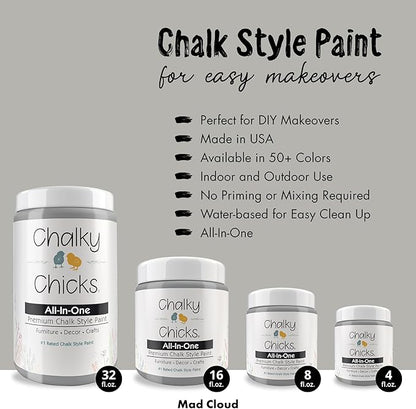 Chalky Chicks All-in-One Chalk Paint for Furniture or Cabinet - 4 Fl Oz - Matte Finish Mad Cloud (Light Gray) for Metal, Wood Furniture Paint - No Sanding All-in-One for Home Decor & Crafts, USA Made