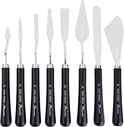 PHOENIX High Flexible Palette Knife Set, 8 Pieces Stainless Steel Painting Knives (31,41,42,43,44,46,51,52) Art Knife with Wood Handle, Paint Spatula for Oil Acrylic Paint
