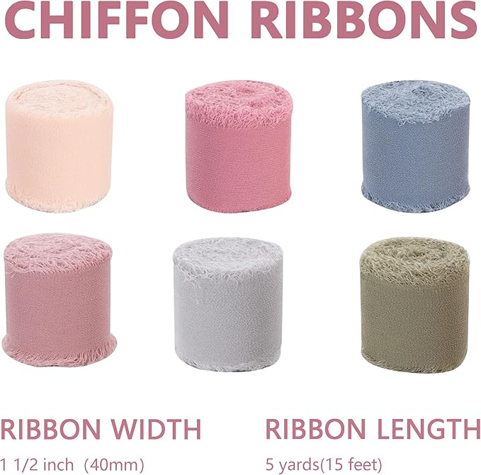 TONIFUL 6 Rolls Morandi Set Chiffon Ribbon 1 1/2 Inch 5 Yards Silk Fabric for Gift Wrapping, Wedding Party Decoration, Flower Bouquet, Bows Making, DIY Crafts