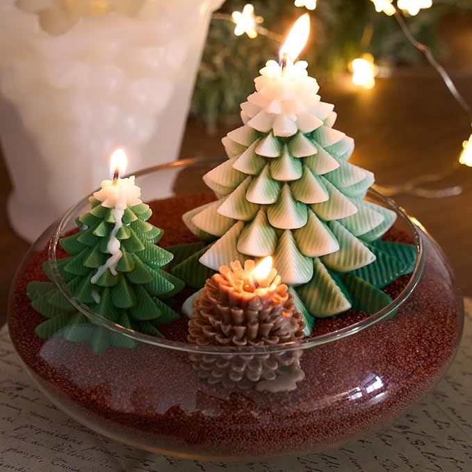 KDW Soy Wax Beads for Candle Making Christmas Tree Silicone Mold Large+Small 3D Candle Molds and Pine Cone Silicone Mould Accessories Set Christmas Gift for Friends and Family