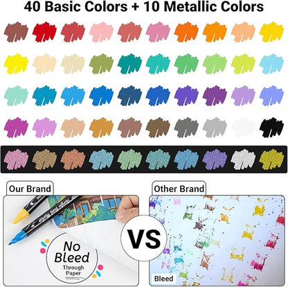 50 Colors Dual Tip Acrylic Paint Pens Cotton Nib Markers with Quick Dry Ink (1mm Fine & 5mm Dot Tips) Rock Painting, Wood, Fabric, Glass DIY Art Supplies for Adults Kids, Christmas Gifts
