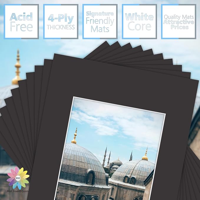 MBC MAT BOARD CENTER, 10 Pack 12x16 for 8x10 Black Picture Mats Frame Mattes, Bevel Cut, Acid Free, 4-ply Thickness