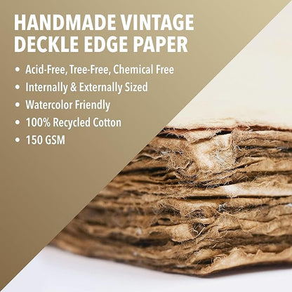 Wanderings Handmade Antique Deckle Edge Blank Paper - 8.25 x 11.7 - A4 Size Package of 50 - Recycled Watercolor Mixed Media Loose Leaf Paper for Writers Invitations Crafts - Thick 150 GSM