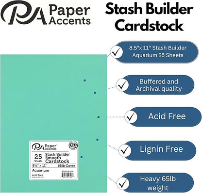 PA Paper Accents Stash Builder Cardstock 8.5" x 11" Aquarium, 65lb colored cardstock paper for card making, scrapbooking, printing, quilling and crafts, 25 piece pack