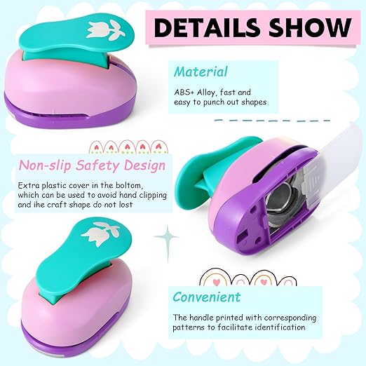 CHENGU 16 Pcs Craft Holes Punch Paper Punchers Scrapbook Punches with Craft Sticker Paper, Round, Star, Square, Heart, Flower, Wave Circle Shape (Flower Style,2 Inch)