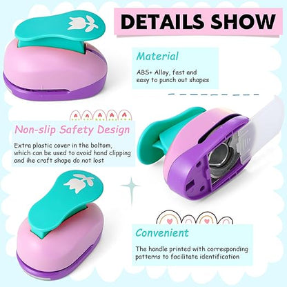 CHENGU 16 Pcs Craft Holes Punch Paper Punchers Scrapbook Punches with Craft Sticker Paper, Round, Star, Square, Heart, Flower, Wave Circle Shape (Flower Style,2 Inch)