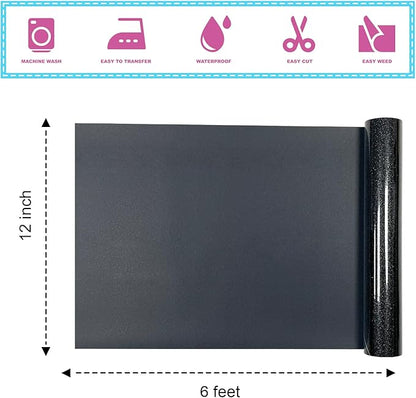 Black Glitter HTV Heat Transfer Vinyl 12" x6FT Glitter Vinyl for T Shirts Easy to Cut and Weed Compatible with All Cutter Machines HTV Vinyl Iron on for Cricut (Black, 12Inches*6Ft)