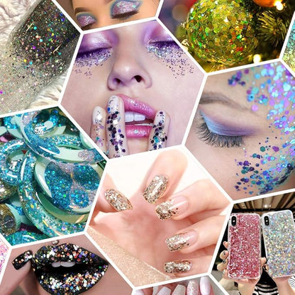 Holographic Chunky Glitter, 5.64oz/160g Craft Glitter Powder Mixed Chunky & Fine Flakes, Iridescent Sequins for Nail Art, Hair, Body, Eye Epoxy Resin, Tumblers, Painting, Festival Decor (Shine Blue)
