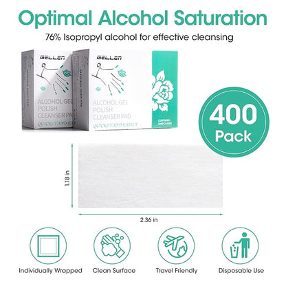 Gellen 400 Pack Nail Cleanser Pads, Alcohol Pads for Nails, Individually Wrapped Nail Prep Pads, Lint-free Tacky Layer Residue Remover Wipes for Acrylic & Builder Gel Polish Press-ons