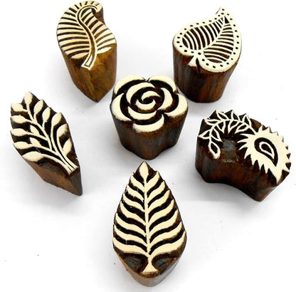 Craftsofindia® Flowers and Leaf Wooden Blocks Stamps for Printing on Textiles, Pottery Crafts,Henna, Scrapbooking (Set of 6)