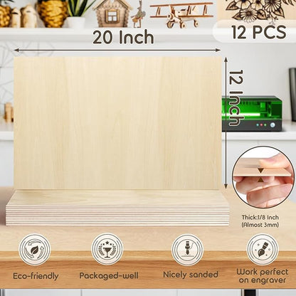 12 PCS 12x20x1/8 Inch Basswood Sheets, MAPRIAL Smooth 3mm Plywood for Laser Cutting, Unfinished Wood Board for Engraving, Wood Burning, Painting, Crafts, Ornaments, Models, Cutter, Engraver, Gifts