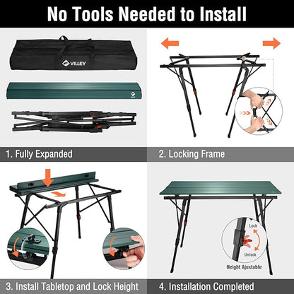 VILLEY Portable Camping Table with Adjustable Legs, Lightweight Aluminum Folding Beach Table with Carrying Bag for Outdoor Cooking, Picnic, Beach, Backyards, BBQ and Party