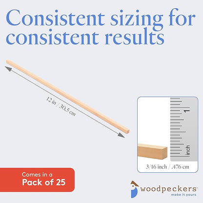 DIY Wooden Square Dowel Rod 3/16-inch x 12 Pack of 25 Hobby Wood Sticks for Crafts, Wood Trim & Architecture Model Making, by Woodpeckers