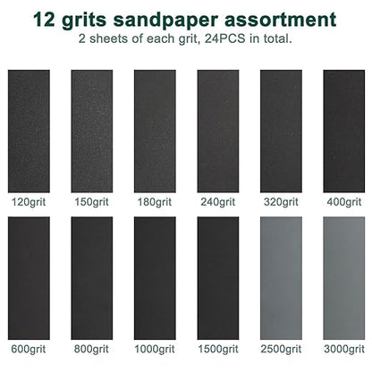 24PCS Sandpaper Assortment 12 Grits Wet Dry Sandpaper Sheets,Silicon Carbide Sanding Paper 120 to 3000 Grit Fine Sandpapers and Coarse Sand Paper for Metal, Wood Furniture and Automotive (9x3.6 Inch)