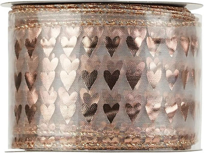 MEEDEE Heart Wired Ribbon - 2.5 Inch Rose Gold & Pink Sheer Organza Ribbon, 25 Yards Roll, Perfect for Valentine Bows & Decor