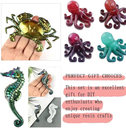 3 Pcs Marine Resin Molds Set Seahorse Octopus Crab 3D Animal Silicone Epoxy Molds for DIY Resin Concrete Desktop Aquariums Fish Tanks Ocean Animal Themed Home Decor Party Supplies Ideal Presen