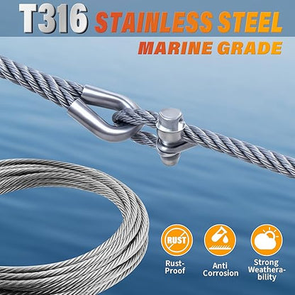 Stainless Steel Cable for Railing - 50FT 1/4" T316 Wire Rope with Clamps and Thimbles - 7 x 19 Strands 6700 LBS Breaking Strength for Outdoor Deck Railing Zipline