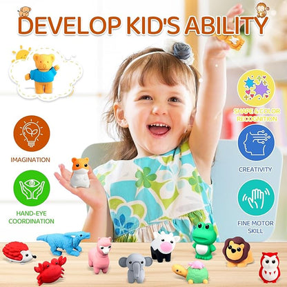 60Pcs Animal Erasers Kids Desk Pets Pencil Erasers 3D Puzzle Bulk Mini Animal Eraser Toys Fun Cute Eraser for Classroom Rewards, Game Prizes, Treasure Box, Easter Egg Fillers
