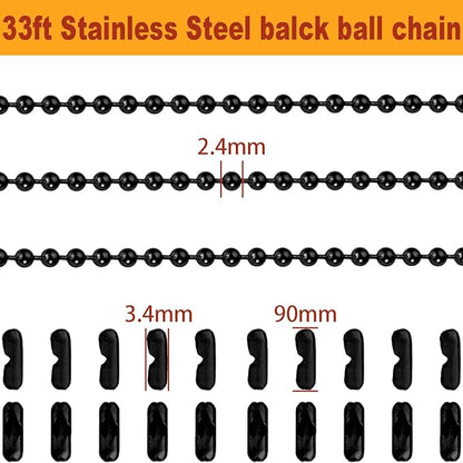 Jishi Steel Ball Chain Bead Dog Tag Chain Beaded Necklace Chains for Jewelry Making Bracelet Military Crafts, Silver Metal Pull Chain Small Ball Bead Chain Roll w/20 Connectors (Black, 33ft 2.4mm)