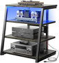 Armocity 4-Tier AV Media Stand with Power Strips, Stereo Stand with LED Lights, Rack Audio Tower with Adjustable Shelves, Small Entertainment Center, 30'', Grey Oak