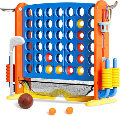 Giant 4 in a Row Connect Game with Mesh Fabric | Height Adjustable 4-in-1 Jumbo 4-to-Score Yard Game Set with Basketball, Golf & Ring Toss | Outdoor Indoor Family Yard Party Game for Kids & Adults