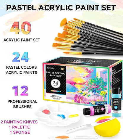 40 PCS Pastel Acrylic Paint Set with 12 Brushes, 2 Knives & Palette, 24 Colors (2oz/60ml) Art Craft Paint for Adults Kids Artists Beginners, Halloween Pumpkin Canvas Ceramic Rock Painting Kit