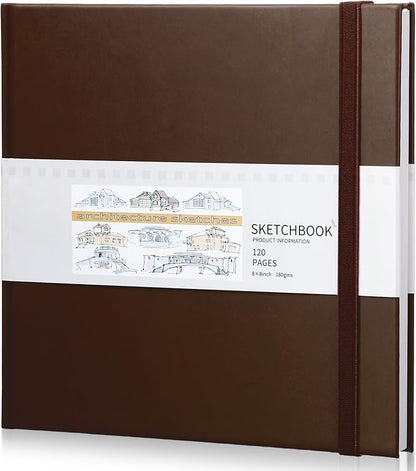 Moinchore Back to School Gifts Square Sketchbook 8 x 8 Inch Hardcover Art Sketch Book Drawing Papers 120 Pages, Mixed Media Journal Notebook with Elastic Closure Sketchbook for Drawing(Brown)