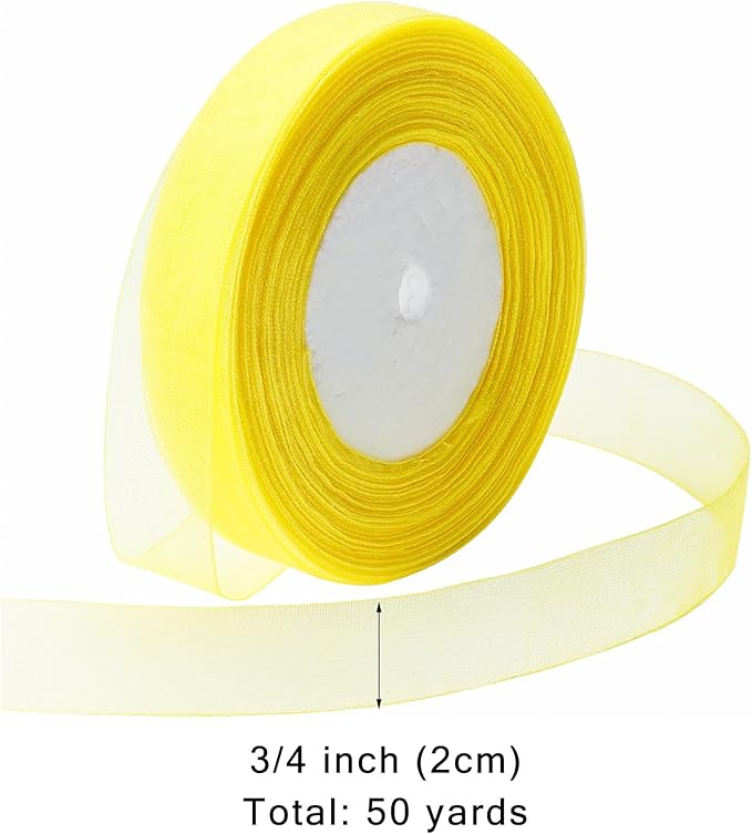 Ribbon for Gift Wrapping 3/4 inch Yellow Sheer Organza Ribbon for Flower Bouquet Tulle Thin Chiffon Ribbons for Wedding Invitations Christmas Halloween Presents Decorations Crafts 50 Yards