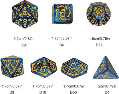 7-Die DND Dice Set Halloween Pattern Polyhedral Dice Set with Leather Bag, Skull Dice D&D Dice Set for RPG Table Games (Halloween Pattern-Blue)