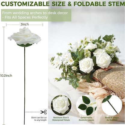 Artificial Flowers Foam Fake Roses 25pcs Dark Red Roses with Stems for Home Decor DIY Wedding Bouquets Party Bridal Shower Centerpieces Faux Flower Arrangements Tables Decorations