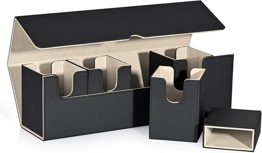 Card Deck Box with Dice Tray for MTG, 5 in 1 Deck Case Holds 800+ Unsleeved Cards, Strong Magnet Card Organizer Compatible with Yugioh TCG Sport (Black Gold)
