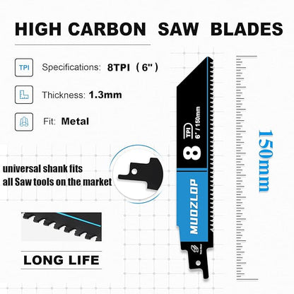 3 Pack 6 inch Reciprocating Saw Blades Set，8 TPI High Carbon Saw Blades for Metal ，Saw Blades with Organizer Case (3, 8T/6inch)