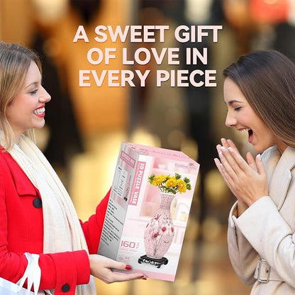 3D Puzzles Vase for Adults, Birthday Gifts for Women, 160 Pieces Plastic DIY Unique Flower Vase with LED Light, Crafts for Adults House Warming Gift for Flower Arrangements and Home Decor (Pink)