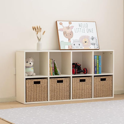 Wood 8-Compartment Storage Cabinet 8-Cube Storage Cabinet Organizer Wooden Cubby Bookshelf White 2 tier Open Cabinet Qquare Cubby Shelf for Home Office Living Room (8-Cube, 11 in Shelf Opening)