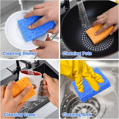 YoleShy Sponges Kitchen 10 Pack Natural Compressed Cellulose Sponges for Dishes Non Scratch for Household Cookware Bathroom Cars Soft Super Absorbent Reusable, Blue and Yellow