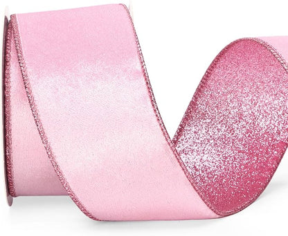 Ribbli Pink Velvet Wired Ribbon 2.5 Inch Velvet with Glitter Christmas Ribbon for Tree Decoration Big Bow Gift Wrapping Crafts Wreaths Supplies - 10 Yards
