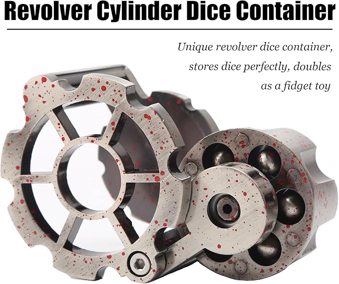 Bullet Dice, Revolver Bullet Metal Dice Set with Spinning Revolver Cylinder Container & Seven Polyhedron Dices for Sci-Fi, War, Crime Theme Tabletop Games