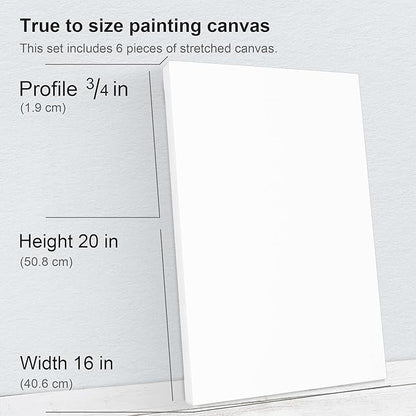 PHOENIX 16x20 Inch 6 Pack Artist Canvas - Large Stretched Canvases for Painting - 3/4 Inch Profile, 100% Cotton 11 Oz. Gesso Primed White Blank Professional Canvas Oil & Acrylic Paints