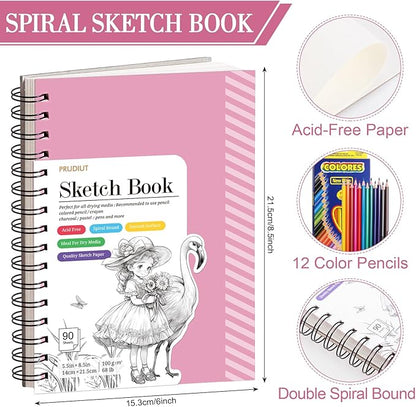 Sketch Book with 12 Color Pencil Set, 90 Sheets Spiral Sketchbook for Drawing (68lb/100gsm), Acid-Free Sketch Pad for Kids Artist, Art Paper Drawing Supplies for Gifts(Pink)